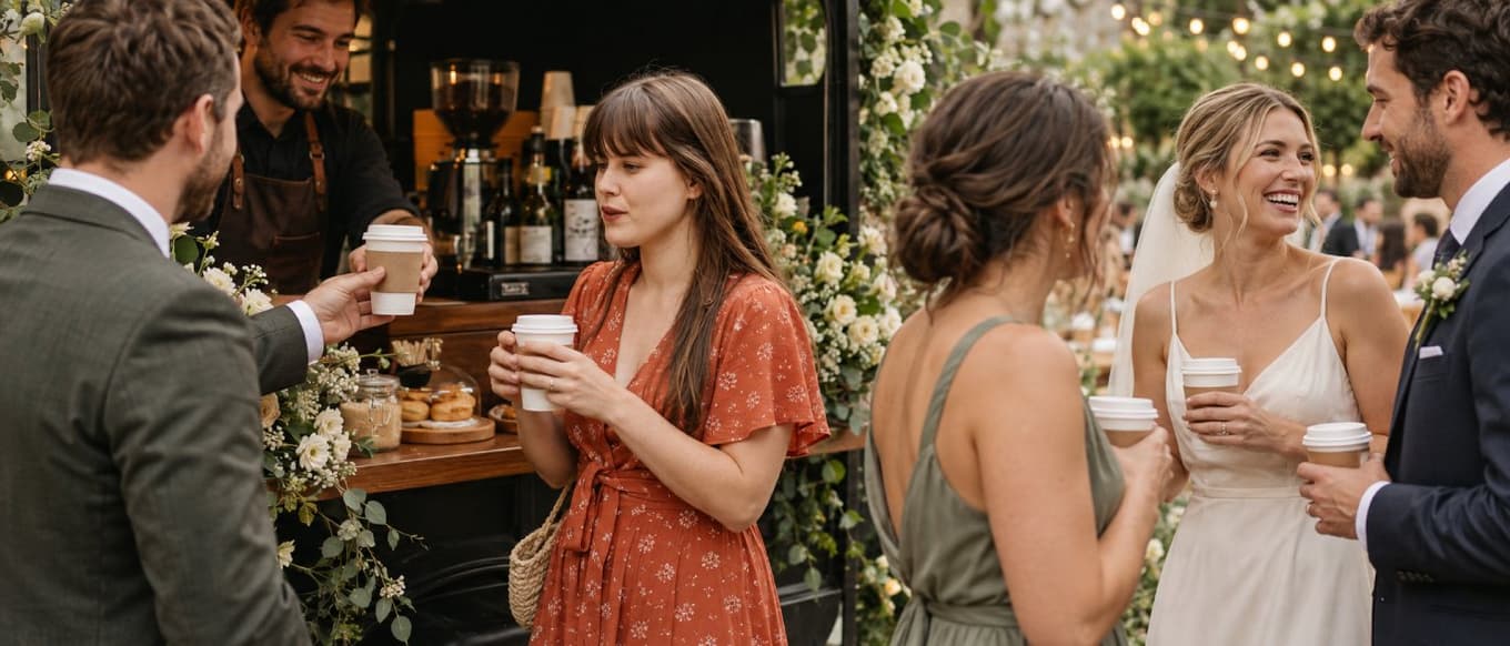 Hochzeitsgäste an einer blumengeschmückten Kaffeebar, ein Barista reicht einen Kaffee