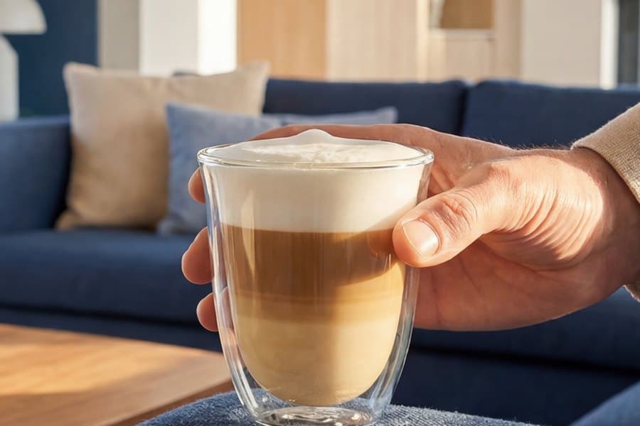 Hand hält einen Latte Macchiato im gemütlichen Wohnzimmer
