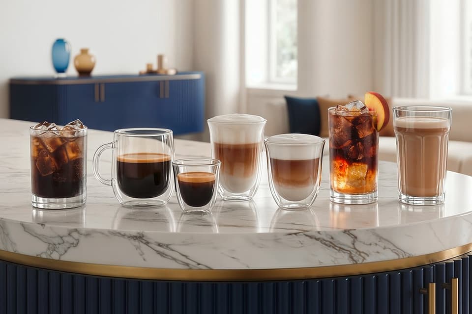 Verschiedene Kaffeespezialitäten von Espresso über Cappuccino bis Cold Brew nebeneinander