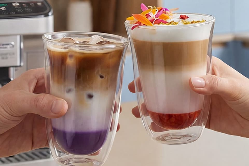 Zwei Menschen stoßen mit frisch zubereiteten Kaffeespezialitäten an