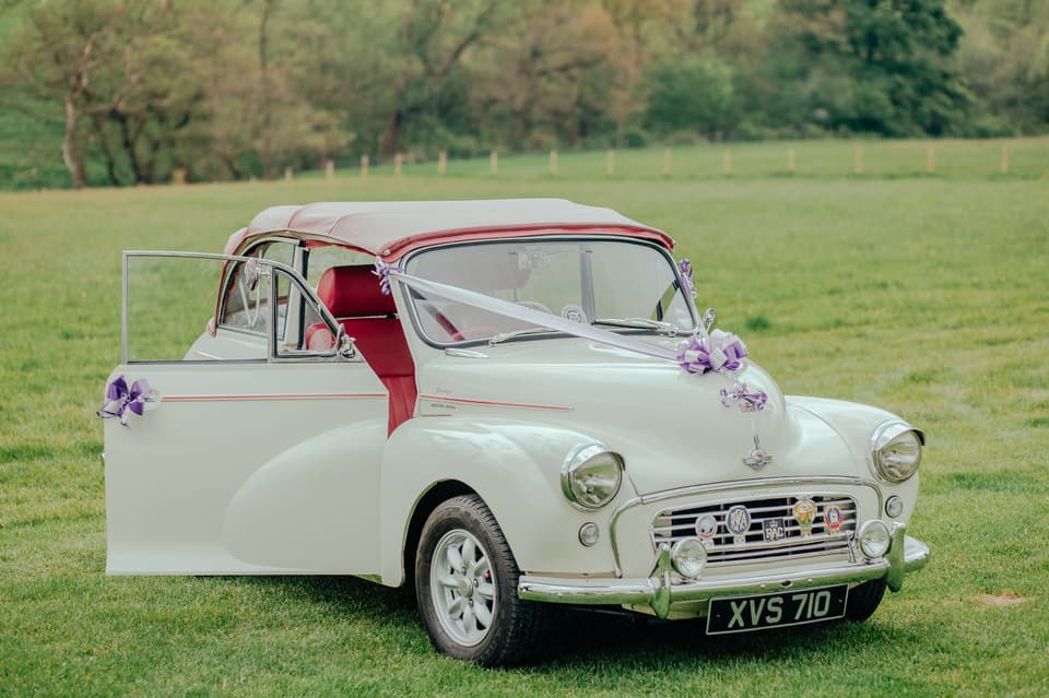 Autoschmuck Hochzeit, Brautauto auf einer Wiese