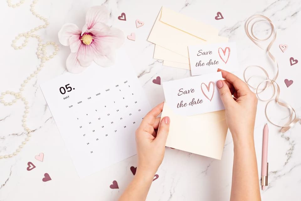 Die Hände einer Frau halten eine Save-the-Date-Karte auf einem Marmortisch.