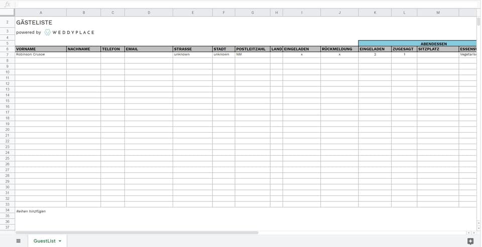 Excel Tabelle für die Planung der Gäste: Vorlage Gästeliste Hochzeit