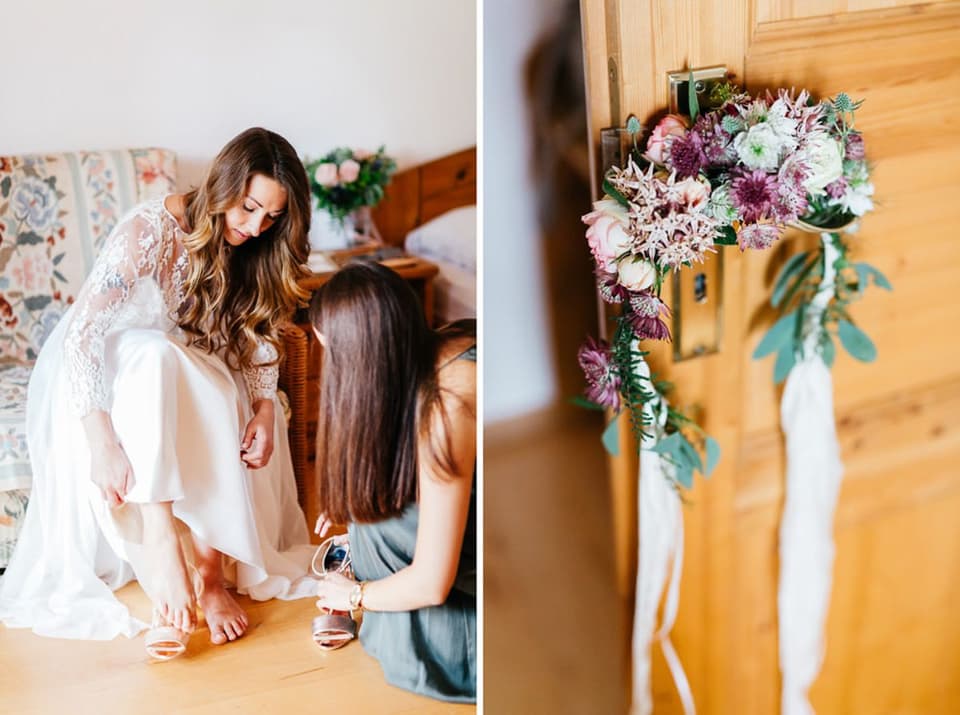 Getting Ready: Braut macht sich für Ihre Hochzeit fertig und Haarkranz Blumen