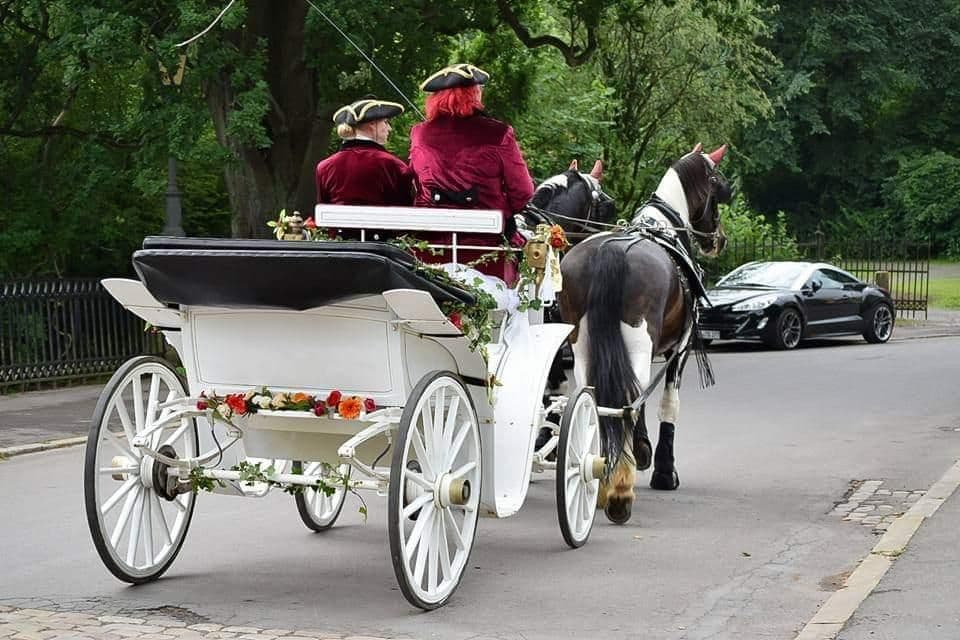 Eine weiße Hochzeitskutsche fährt auf der Straße