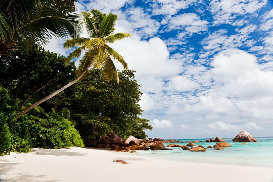 Sandstrand und türkisblaues Meer auf den Seychellen