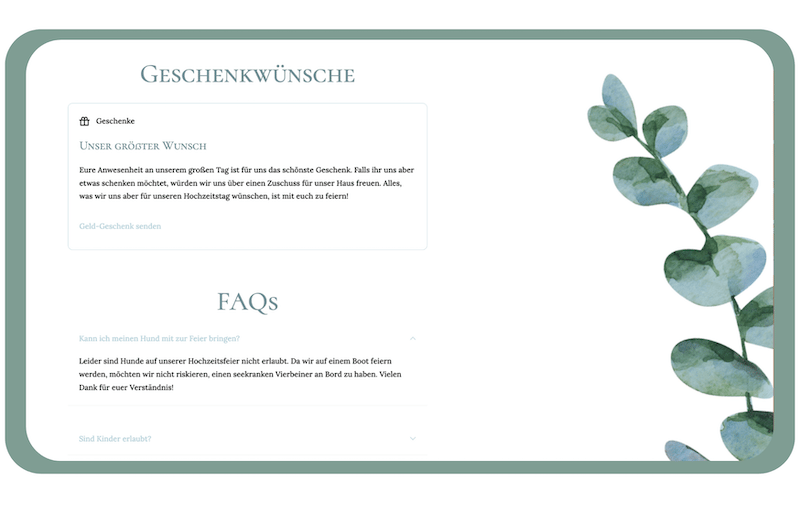 Hochzeitswebsite: Geschenkewünsche & FAQ