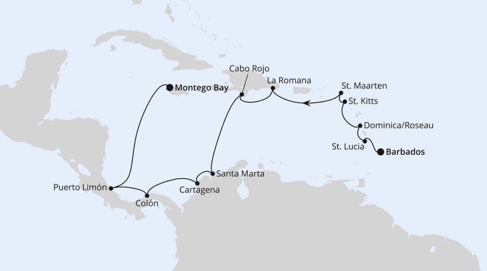 Bild einer Route mit Inselstopps, die für mich nach Farben, Wärme und typischer Karibik-Leichtigkeit klingt (AIDAbella).
