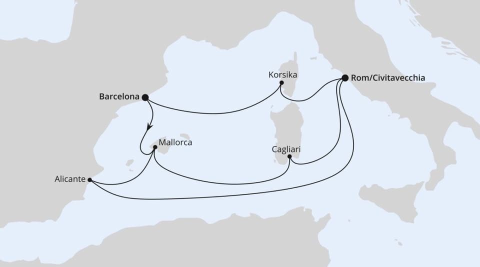 Bild von folgender Route: von Barcelona aus mit Stopps in Spanien, Frankreich und Italien für alle, die Stadt, Küste und Genuss verbinden möchten (AIDAcosma).