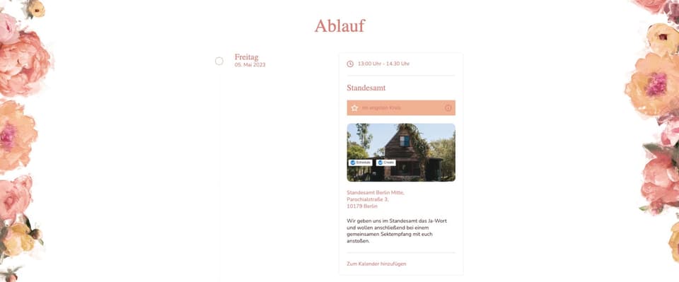 Große Rosen verleihen der Hochzeitshomepage einen romantischen Touch